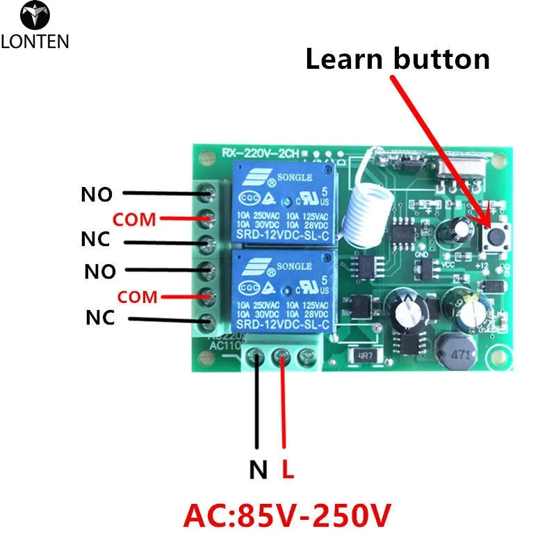 Custom Lonten 315/433Mhz Wireless Remote Control Switch AC 250V 110V 220V 2CH Relay Receiver Module with RF Remote Controls Manufacturer