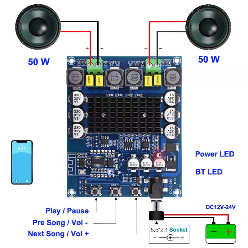 2*50W 5.0 TPA3116D2 NE5532 Preamplifier Power Amplifier Board Preamp Stereo Dual Channel TPA3116 Audio Stereo Amp Customize