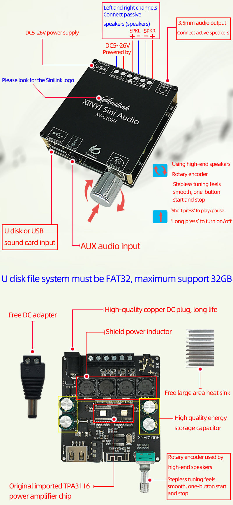 100W+100W TPA3116D2 HiFi Stereo Audio Digital Power Amplifier TPA3116 Class D Aux USB Sound Card Mini APP Amp pcb assembly Custom