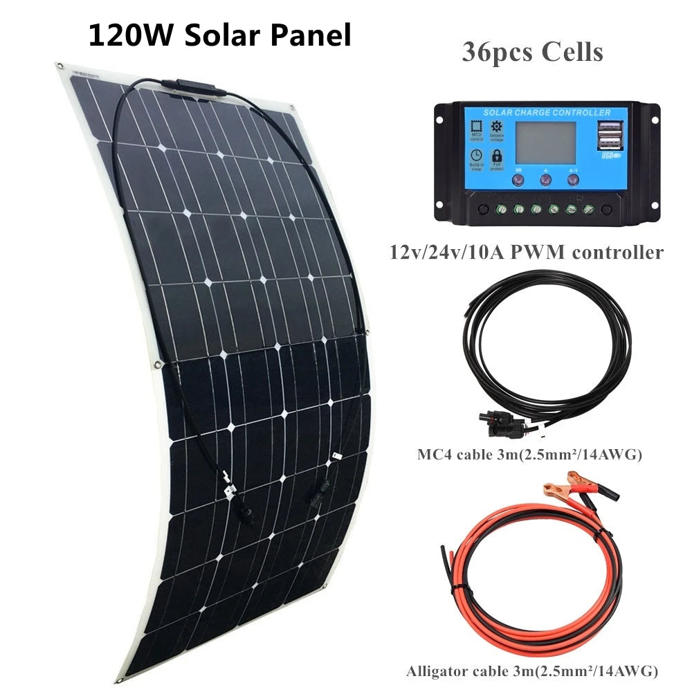 Custom 360W Home Solar Panels System Kit 3pcs 120W 12V 18V Monocrystalline Solar Panel Flexible Placa Solar Energy For Boat Car RV Roof Manufacturer