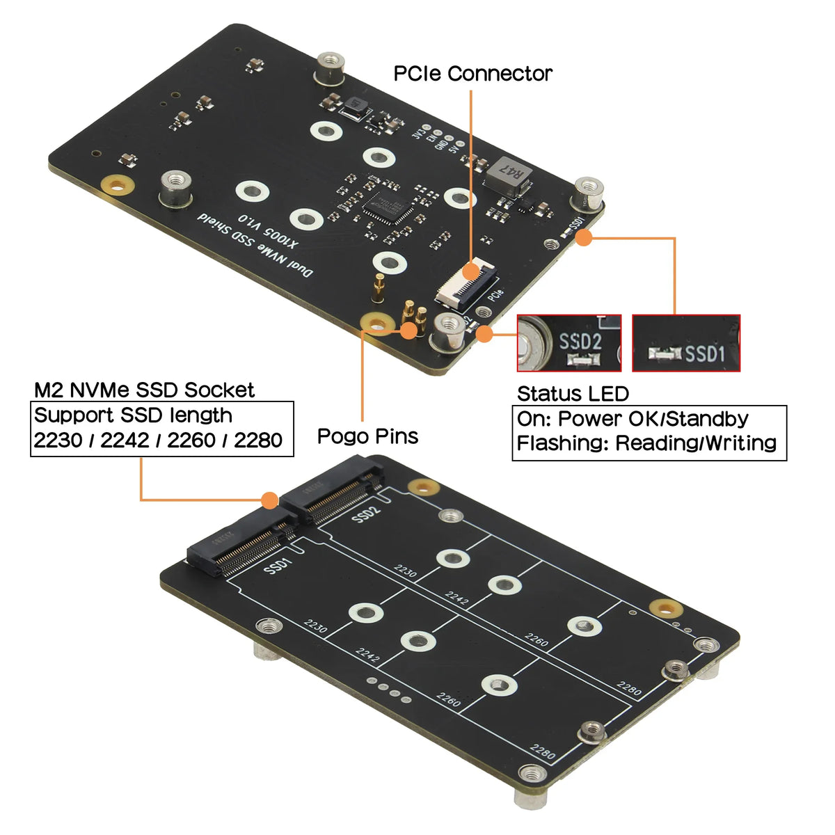 X1005 Dual 2230/2242/2260/2280 NVMe SSD shield for Raspberry Pi 5