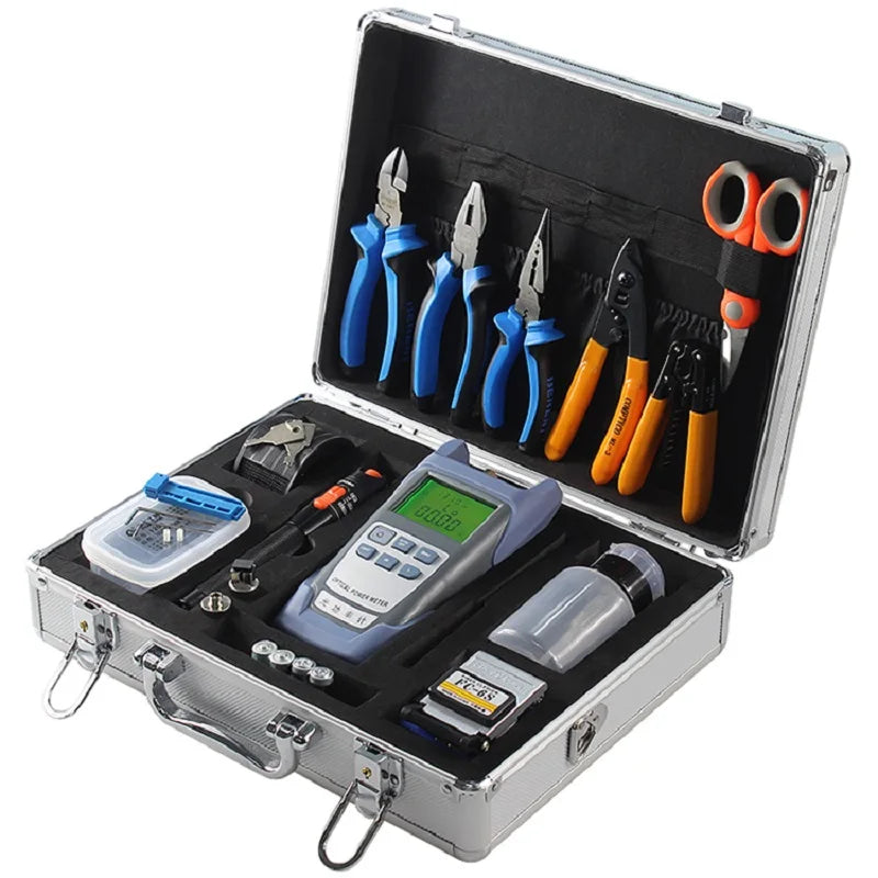 Custom 22PCS FTTH FIber Optic toolbox FIber Optic Meter+10MW VFL Visual Fault Locator and FC-6S Fiber Cleaver and Fiber Stripping Manufacturer