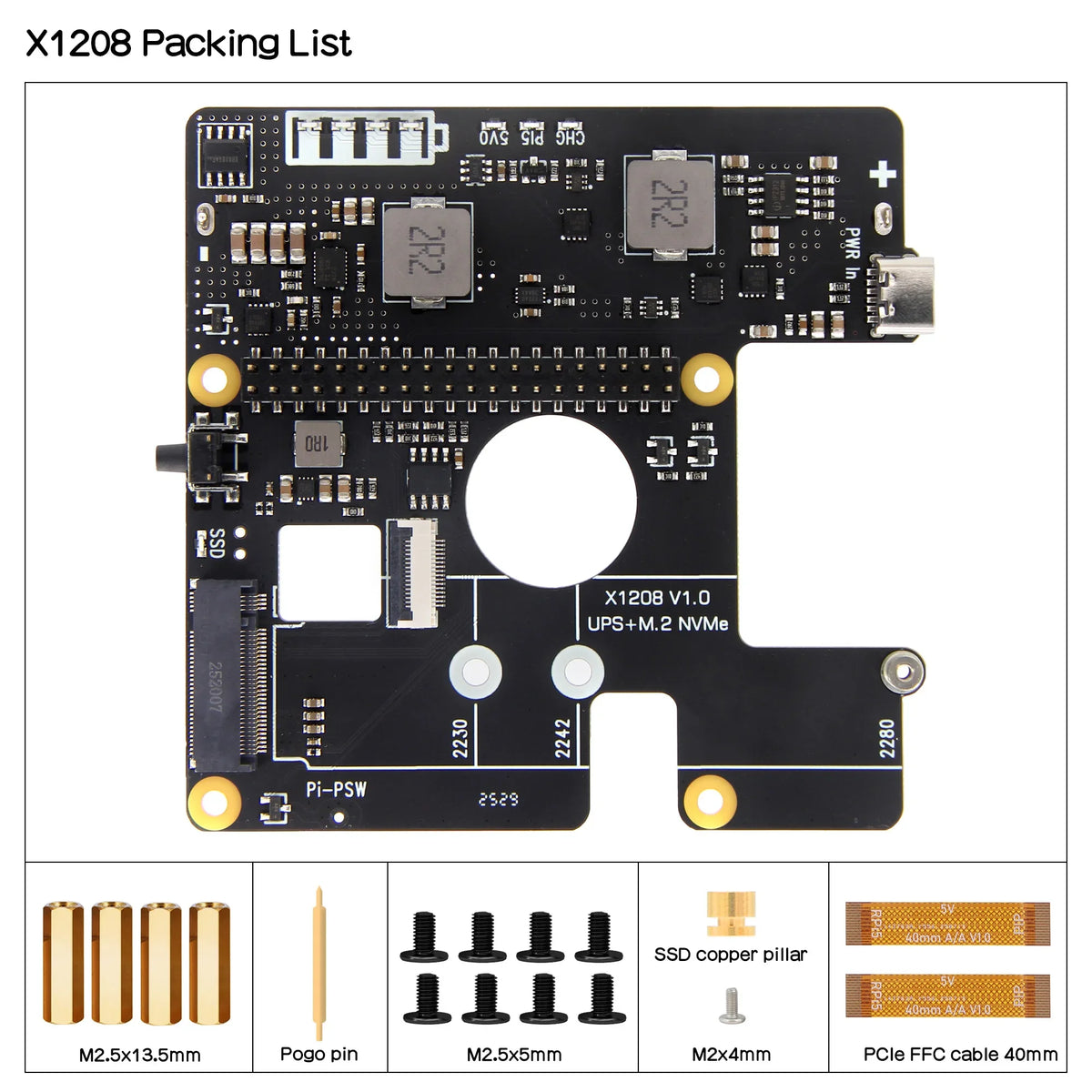 X1208 V1.0 UPS M.2 NVMe Hat Power Management Board for Raspberry Pi 5 Supports 1 Cell 21700 Battery & M.2 NVMe SSD
