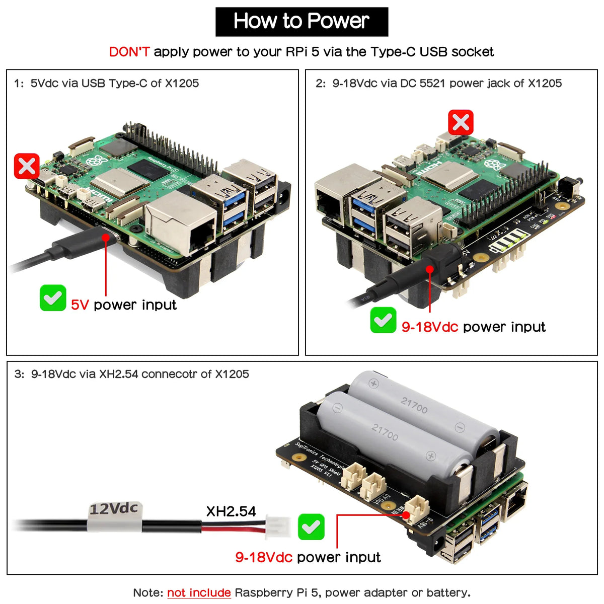 X1205 21700 5V UPS & Power Management Board Compatible with 2 Cell 21700 Batteries for Raspberry Pi 5