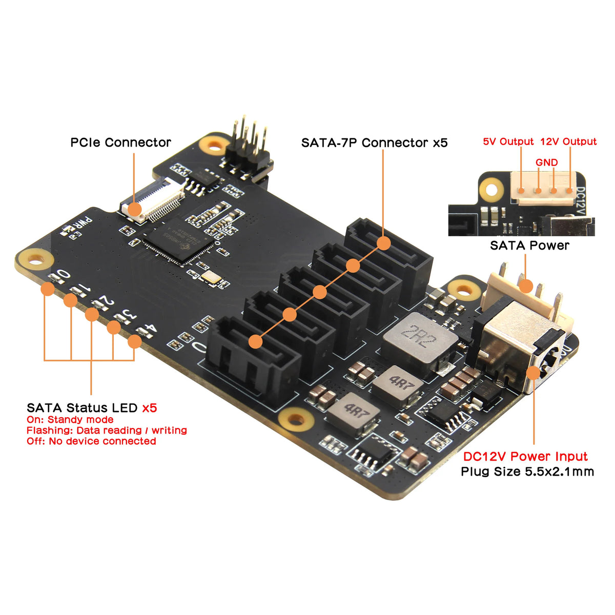 Custom  X1009 PCIe to 5-Port SATA Shield for Raspberry Pi 5 (NOT Support Boot from HDD/SSD)