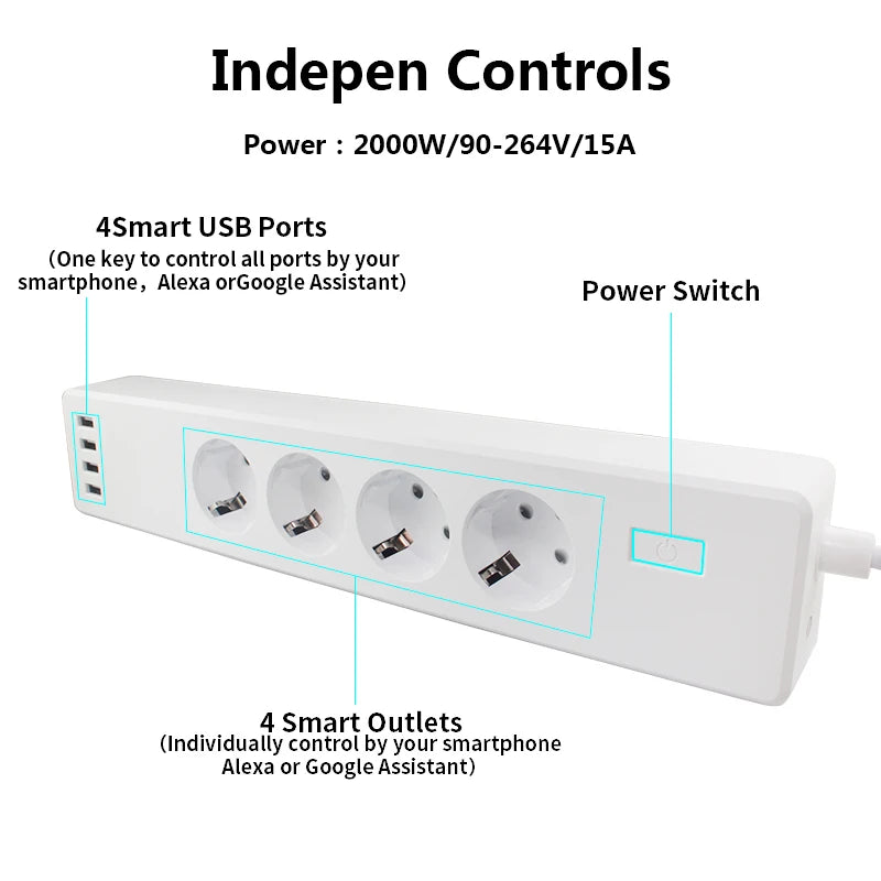 Custom Lonten Wifi Smart Power Strip 4 EU Outlets Plug with 4 USB Charging Port Timing App Voice Control Work with Alexa Google Home As Manufacturer