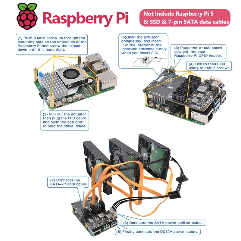 Custom X1009 PCIe To 5-Port SATA Shield for Raspberry Pi 5 (NOT Support Boot From HDD/SSD) Custom