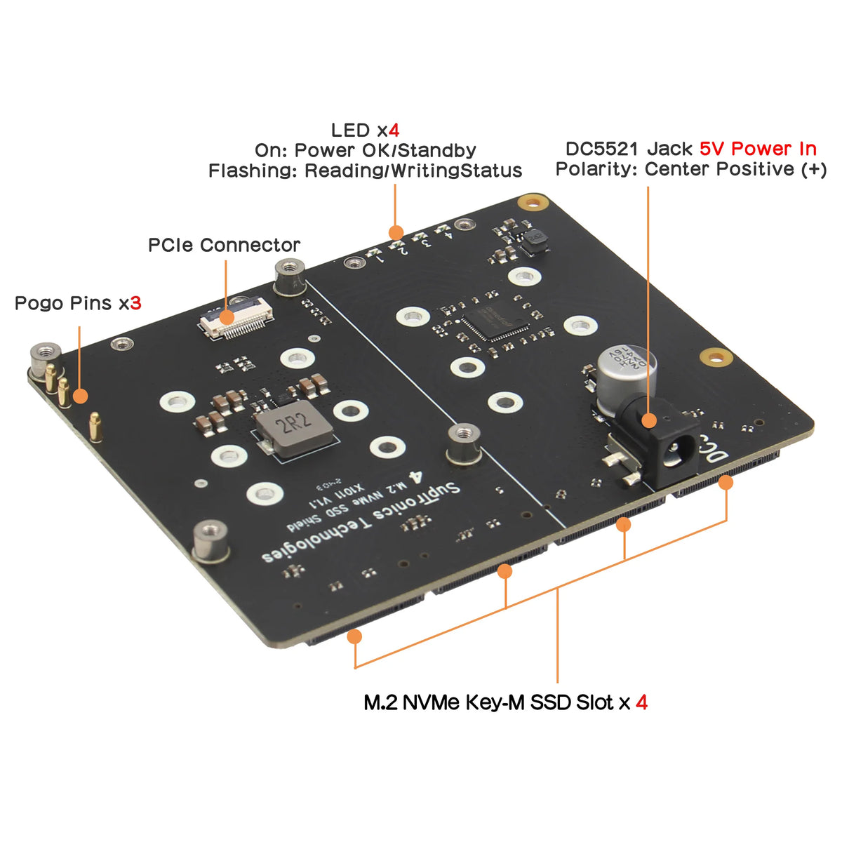 Custom  X1011 PCIe to NVMe Shield support four 2280/2260/2242/2230 M.2 NVMe SSDs for Raspberry Pi 5