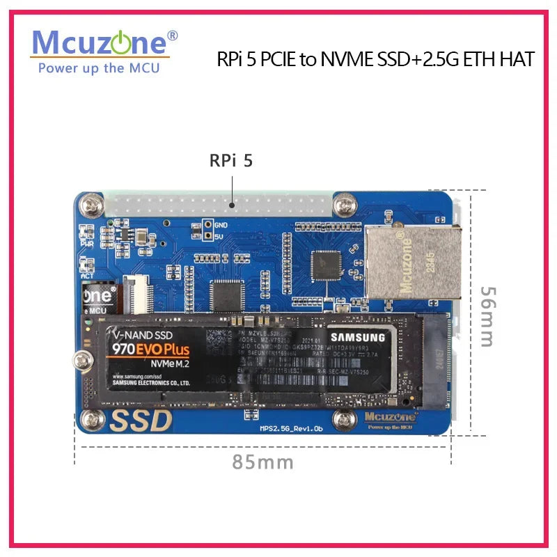 (MPS2.5G)Raspberry Pi 5 PCIE To NVME SSD+2.5G ETH HAT RTL8125,support RPi OS,ubuntu, 2280,2242,2230 Size SSD Custom