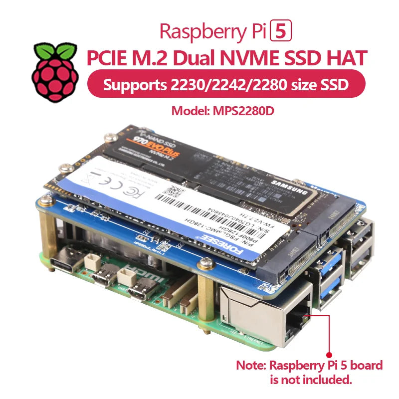MPS2280D Raspberry Pi 5 Educational PCIE M.2 Dual NVME SSD HAT Support 2280/2242/2230 SSD