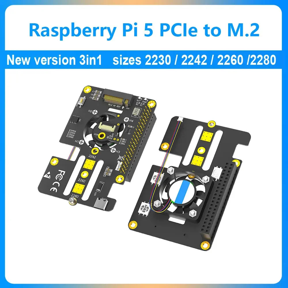 Raspberry Pi 5 PCIe to M.2 SSD Interface HAT NVMe 2280-2242 2230 3in1 Board with Fan Automatic Discoloration LED