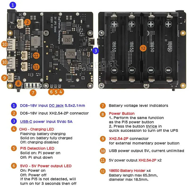 Raspberry Pi 5 UPS Expansion Board Uninterruptible Power Supply 5V 5A USB Type-C X1202 for 18650-Li-Battery (NO)
