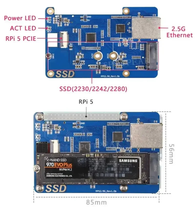 MPS2.5G Raspberry Pi 5 PCIe to NVME SSD and 2.5G Ethernet RJ45 HAT RTL8125 2280 2242 2230
