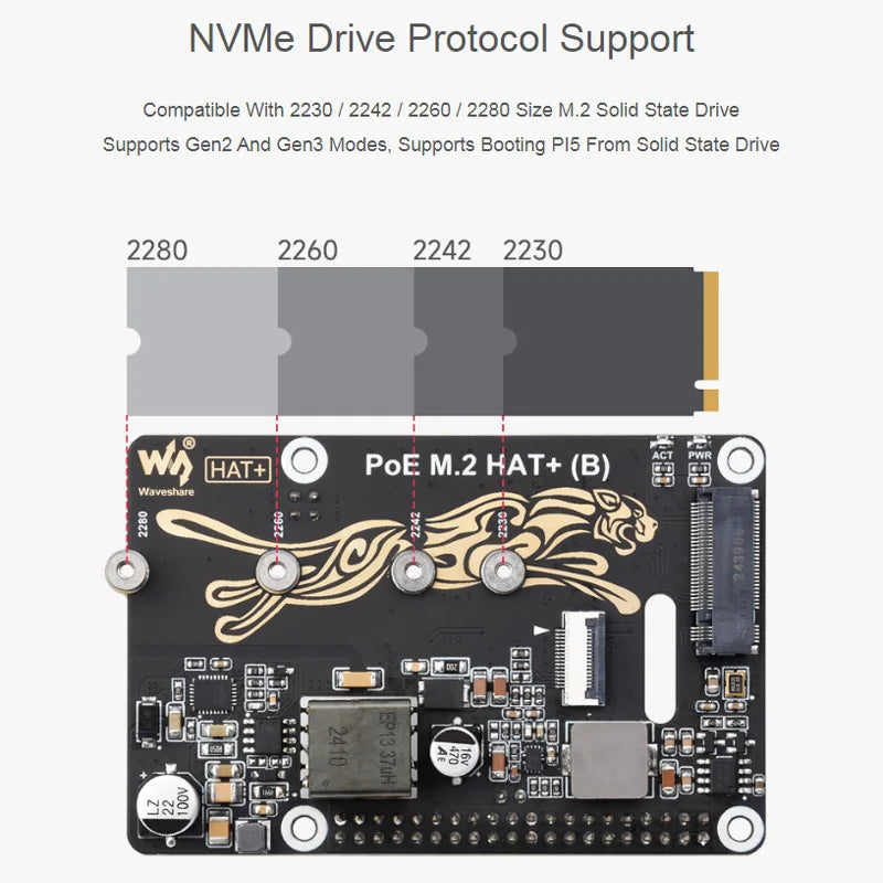 Raspberry Pi 5 PCIe M.2 PoE HAT (B) with NVMe Gen3 Support for High-speed Read/Write SSD