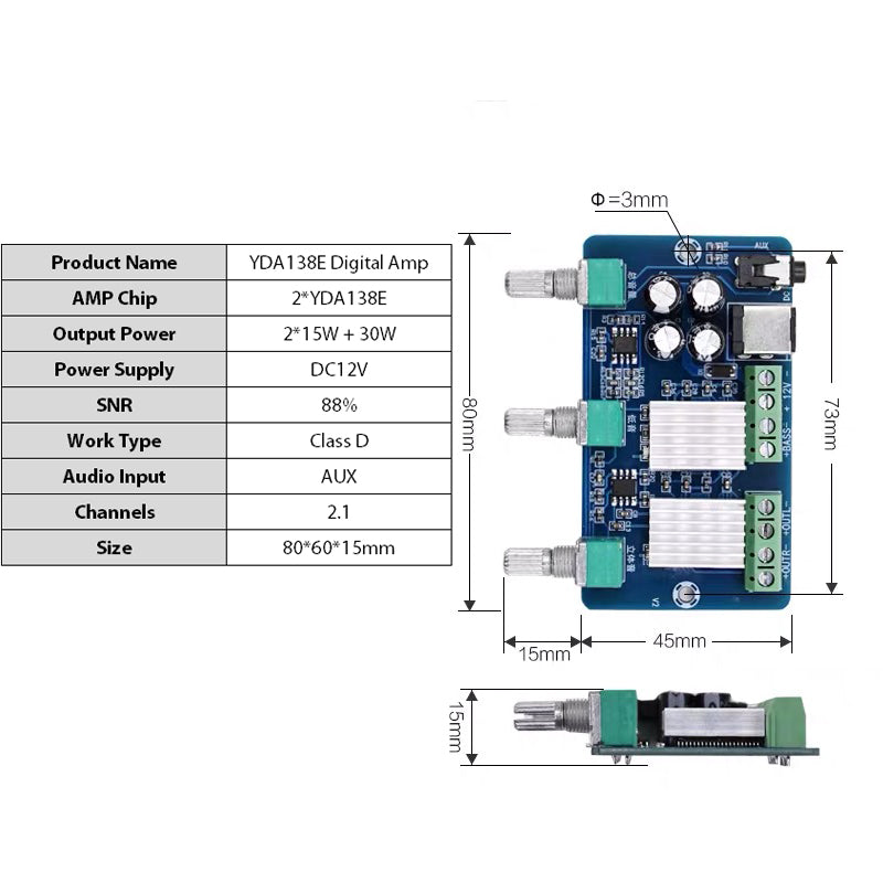 YDA138E 15W + 30W Stereo Digital Amplifier Board Subwoofer 2.1 Channel Class D AMP DC12V audio amplifier board  pcb assembly customize