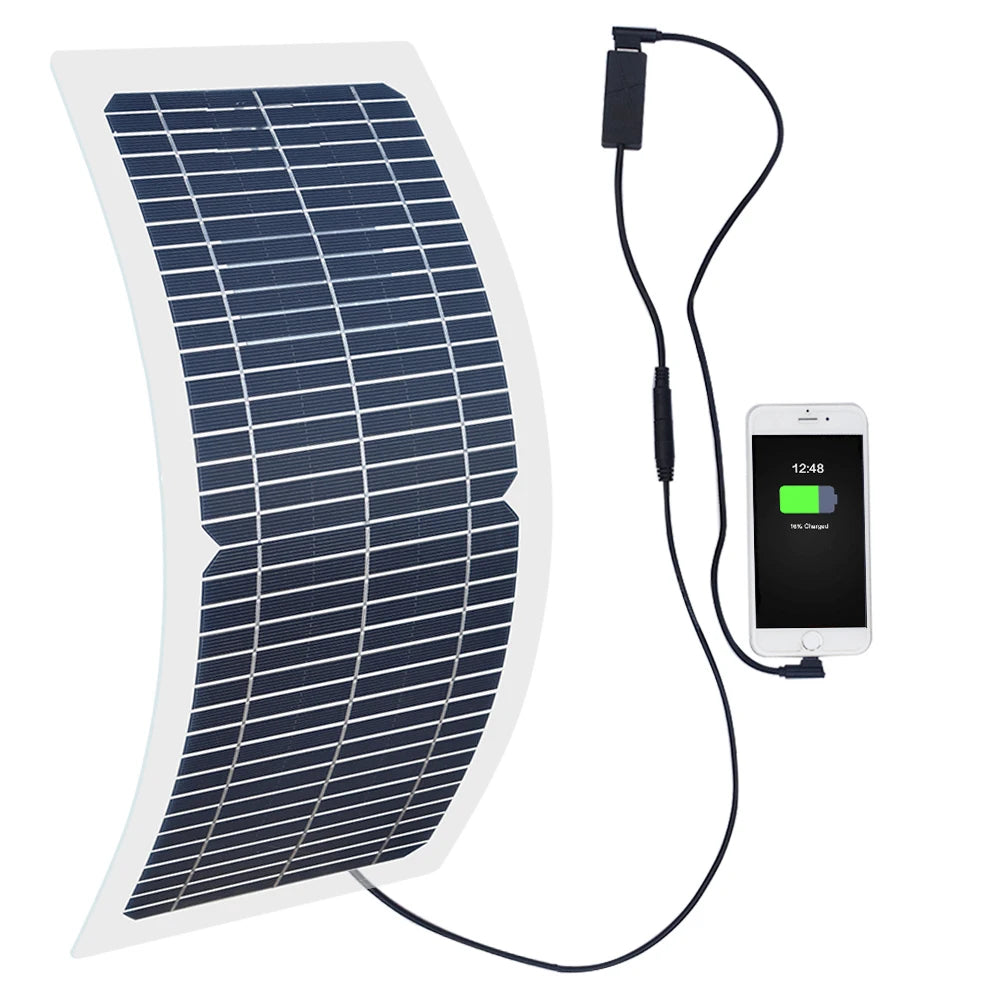 Custom 10W 12V Flexible Solar Panel Battery Charger Kit With PWM Controller + DC to USB Adapter + Cigarette Lighter + 5W LED Light Manufacturer