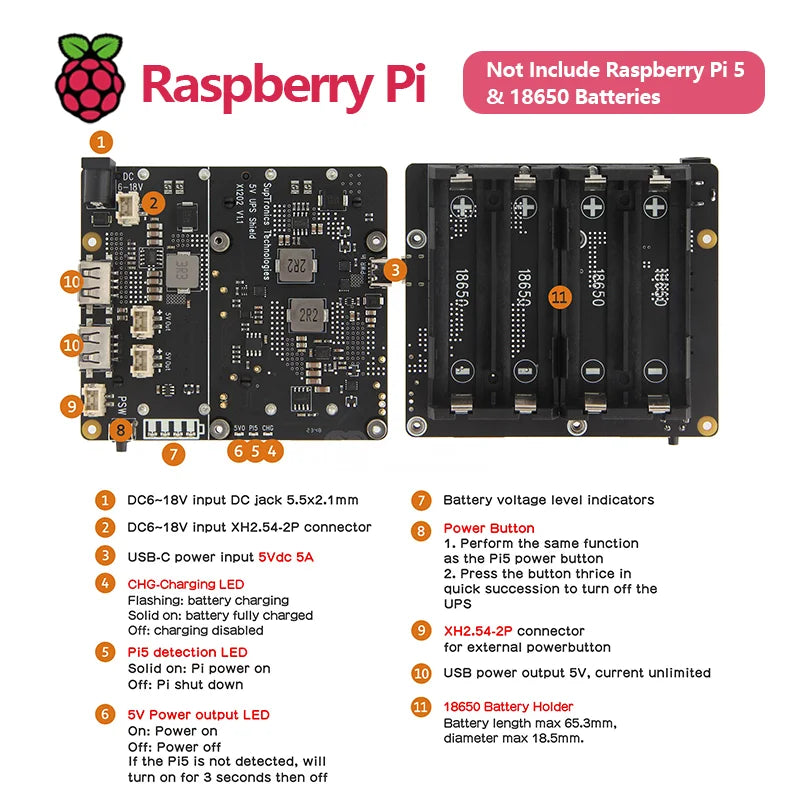 Custom X1202 Extension Board UPS & Power Management Board with 4 Cell 18650 Battery Holder for Raspberry Pi 5