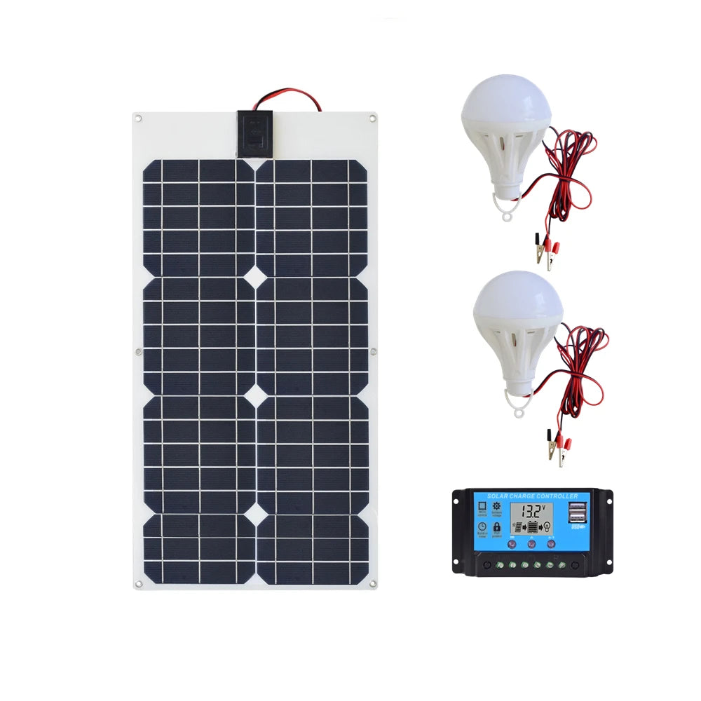 Custom 18V 30W Flexible Solar Panel Kit with 10A 12V/24V Charge Controller and 5W 12V LED Light Outdoor Camping Solar Power Generation Manufacturer