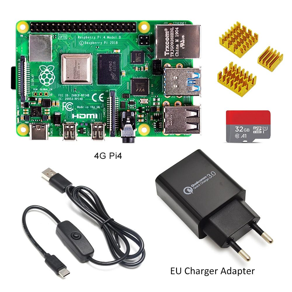 Custom Raspberry Pi 4 Model B kit Basic Starter Kit in stock with power switch line type-c interface EU/US Charger Adapter and heatsink Manufacturer