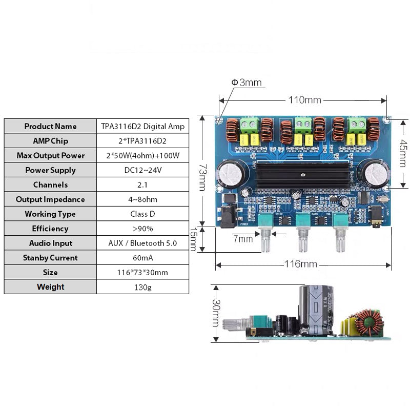 2*50W+100W  5.0 dual TPA3116D2 Power Subwoofer Amplifier Board 2.1 Channel TPA3116 Audio Stereo equalizer AUX Amp pcb assembly Customize