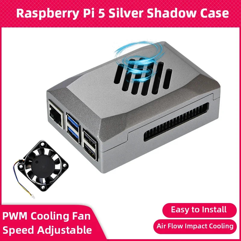 Custom Raspberry Pi 5 ABS Case Silver Shadow Box with PWM Cooling Fan Shell Fit for Active Cooler Power Button for Pi 5