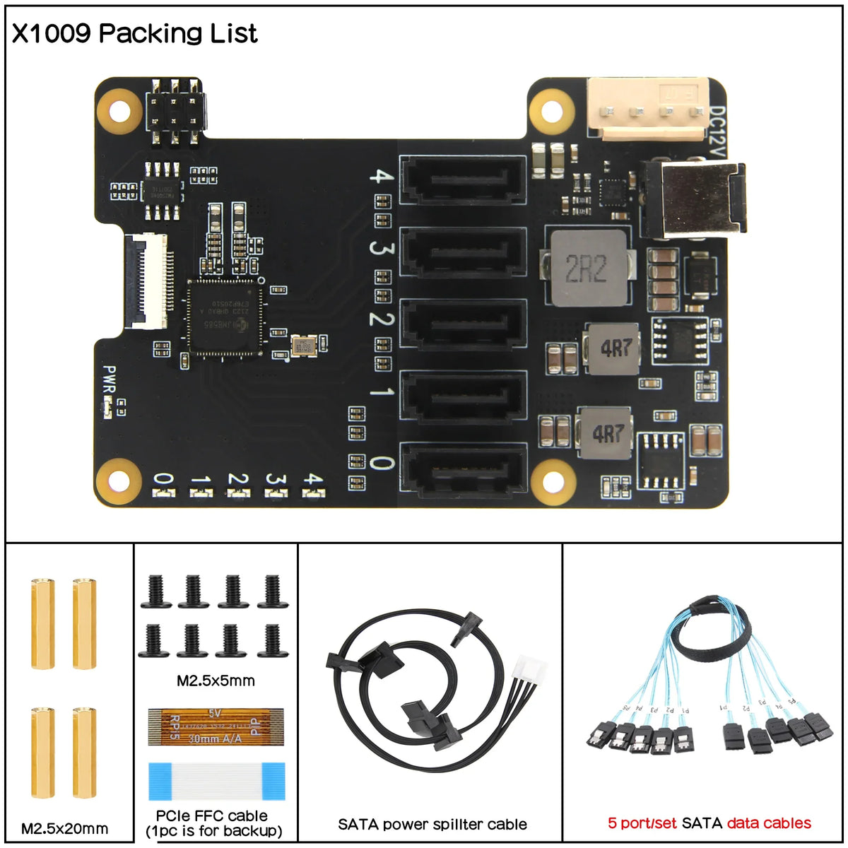 X1009 PCIe to 5-Port SATA Shield for Raspberry Pi 5 (NOT Support Boot From HDD/SSD)