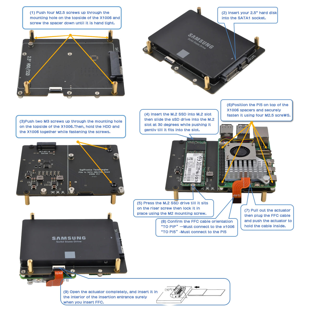 Custom  X1006 PCIe to 2.5" SATA SSD/HDD+M.2 2280 SSD Shield for Raspberry Pi 5 (NOT Support Boot from SSD)