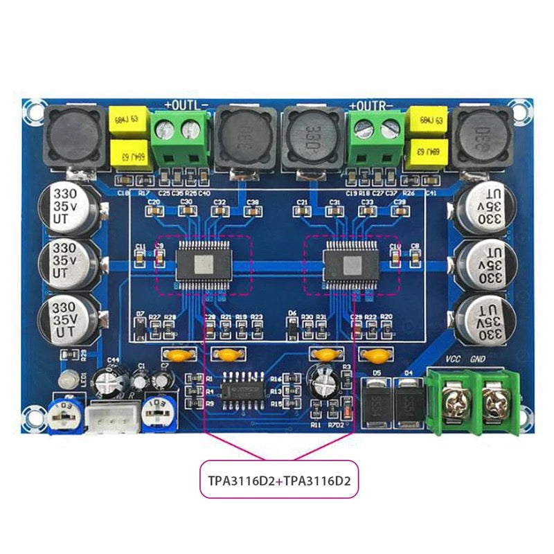 2*150W 2 Channel TPA3116 digital Power Stereo Amplifier Board dual With TL074C op preamplifier Audio Amplifier pcb assembly Customize