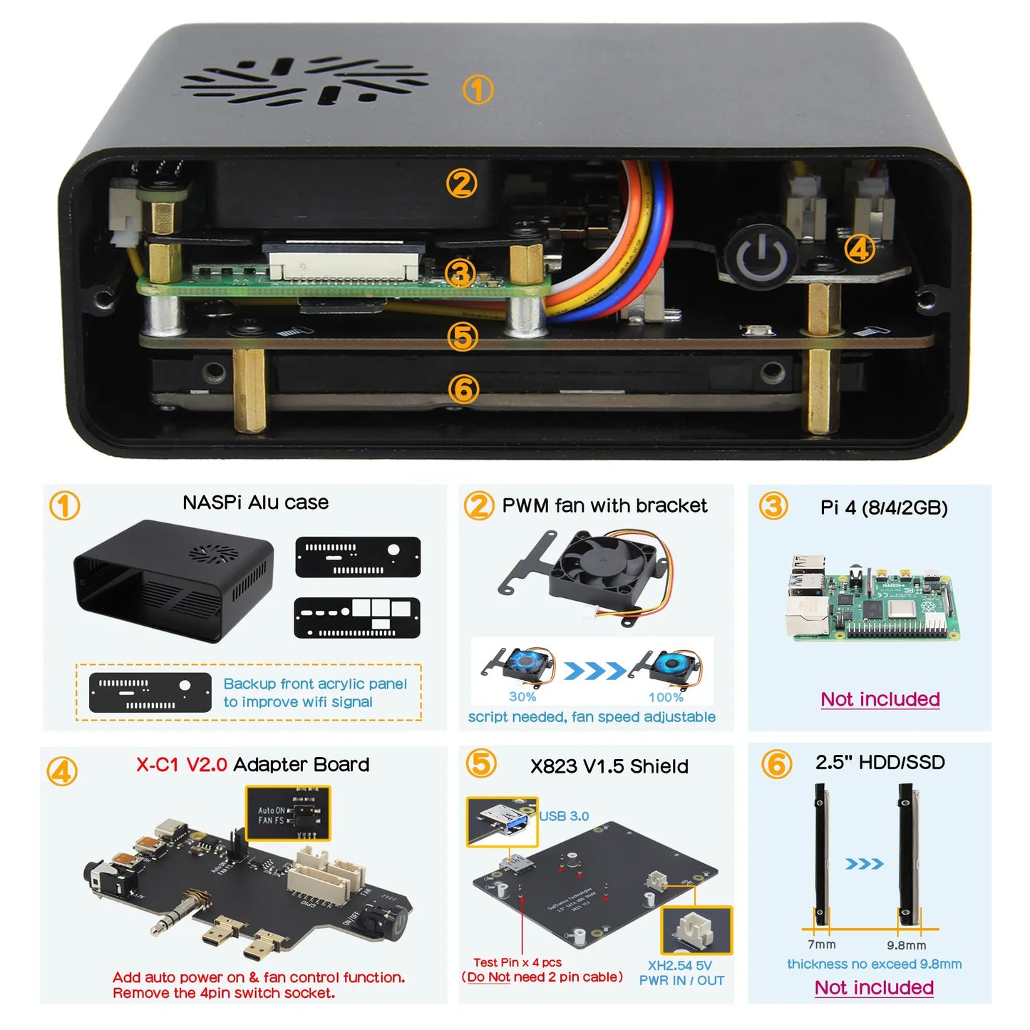 Custom Naspi 2.5 Inch Sata Hdd/Ssd Nas Case Opslag Kit Voor Raspberry Pi 4 (Ondersteuning Max. 9.8Mm Dikte Hdd/Ssd) Manufacturer