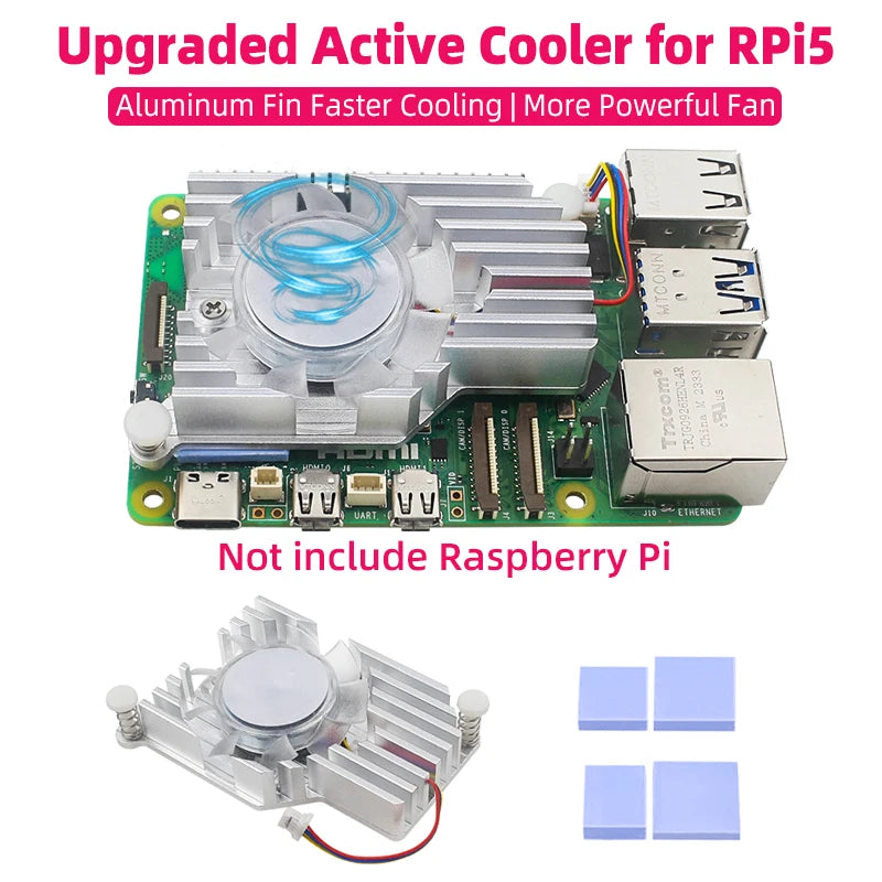 Upgraded CPU Active Cooler for Raspberry Pi 5 Aluminum Fin Design Larger Heat Dissipation Area JST PWM Fan Silicone Heatsink