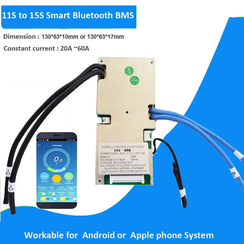 Custom 13s 54.6V li ion 48V Smart BT bms with 30A 40A 60A constant current and RS485 UART communication software BMS Manufacturer