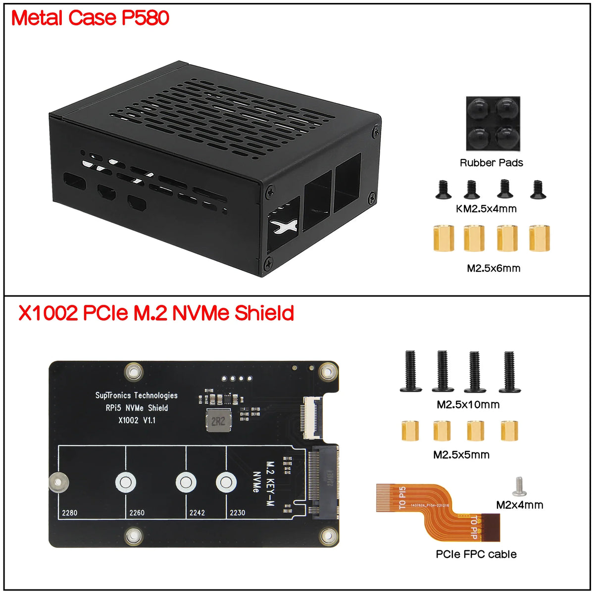 X1002 Pcie to NVMe Board with P580 Metal Case for Raspberry Pi 5
