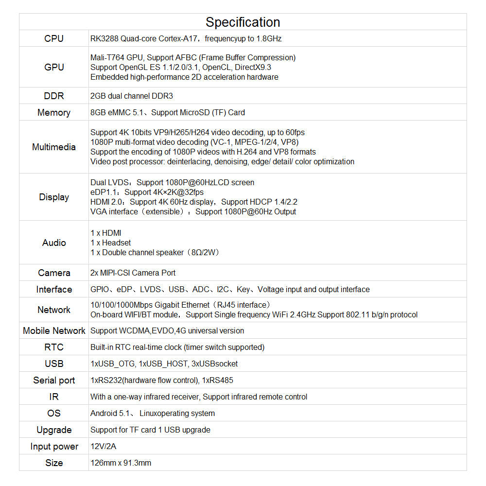 Custom Firefly AIO-3288C Single Board Computer RK3288 Quad-core Cortex-A17/Android 5.1/Linux/2GB Dual-channel DDR3 8GB eMMC5 Custom PCB