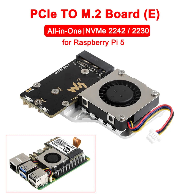 PCIe To M.2 Adapter Board (E) with Cooling Fan for Raspberry Pi 5 Compatible With 2242/2230 Size NVMe M.2 SSD High-speed Reading