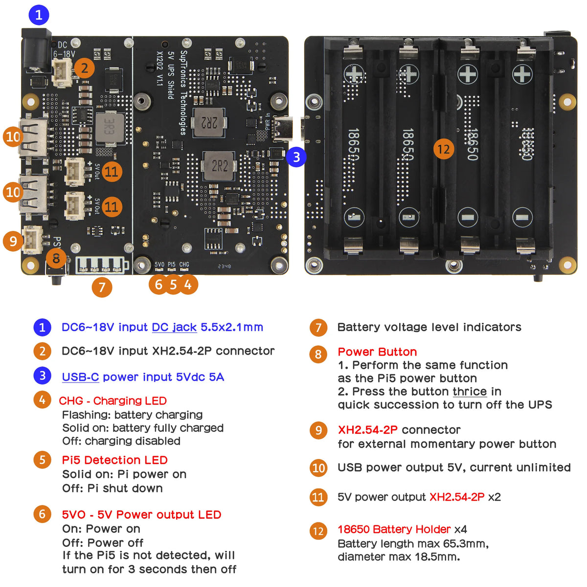 Custom  X1202 UPS & Power Management Board with 4 cell 18650 battery holder for Raspberry Pi 5