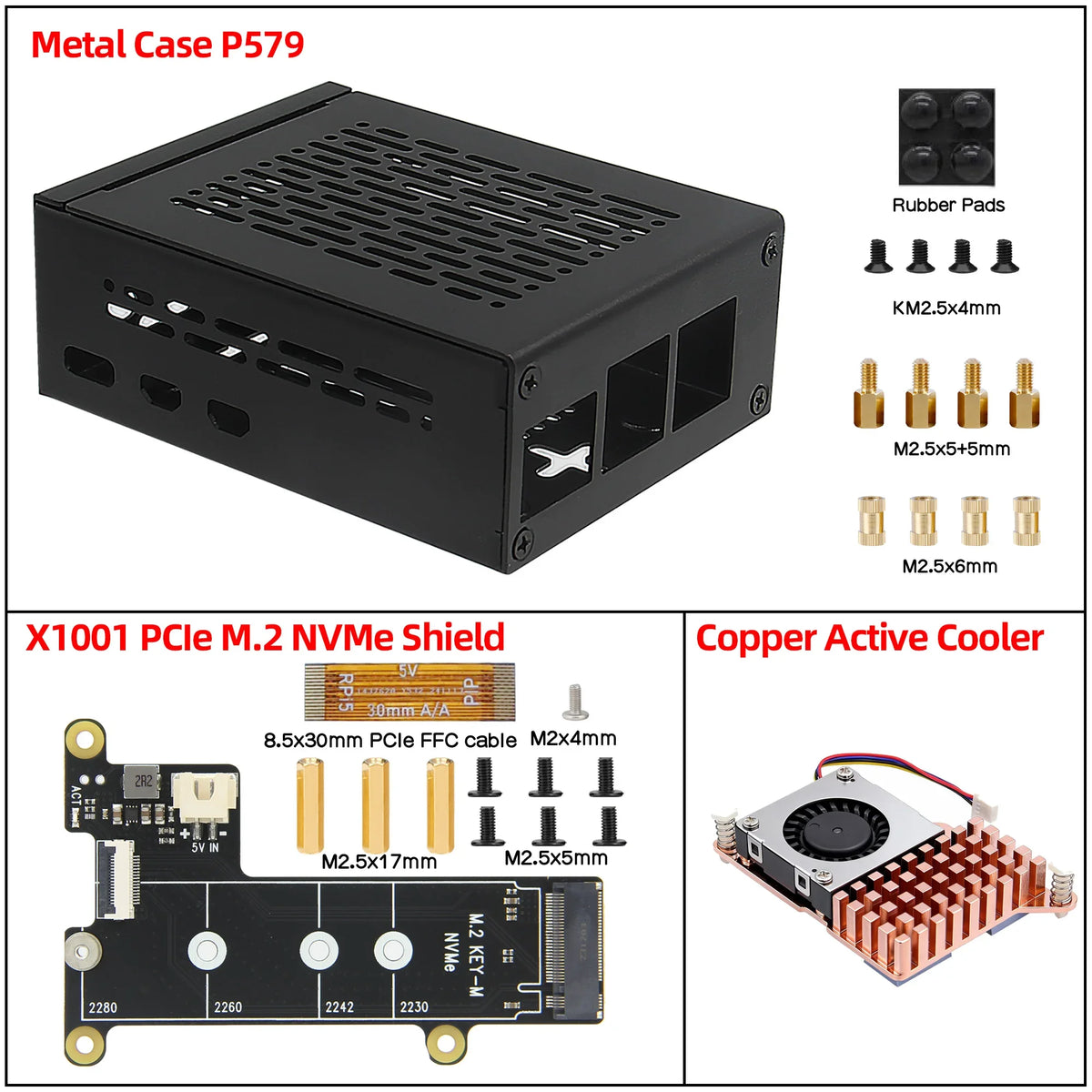 X1001 PCIe to NVMe Shield with P579 Metal Case for Raspberry Pi 5