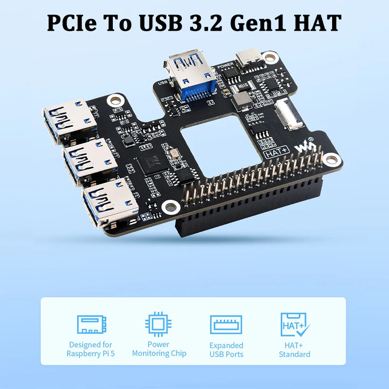 Custom PCIe To USB 3.2 Gen1 HAT for Raspberry Pi 5 PCIe to USB HUB 4x High Speed USB Ports Plug and Play HAT+ for RPI 5