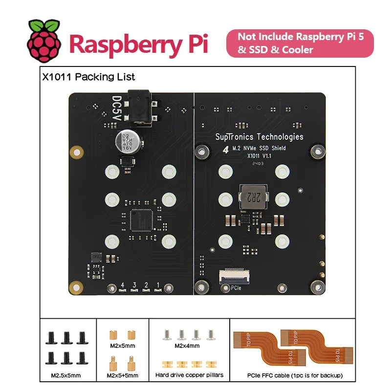 Custom X1011 PCIe To NVMe Shield Support Four 2280/2260/2242/2230 M.2 NVMe SSDs for Raspberry Pi 5 Custom