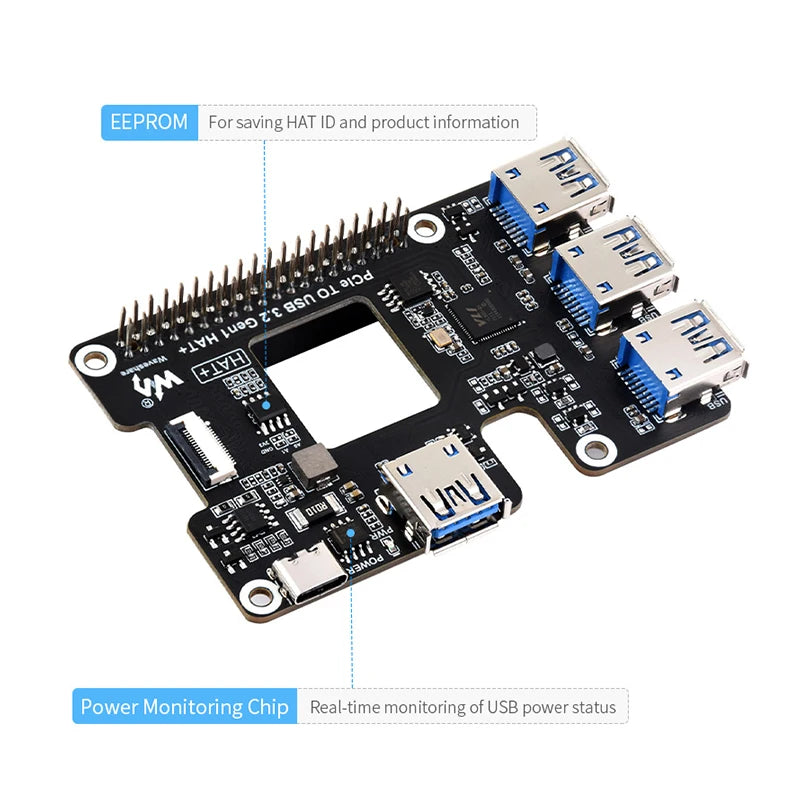 Custom PCIe To USB 3.2 Gen1 HAT for Raspberry Pi 5 PCIe to USB HUB 4x High Speed USB Ports Plug and Play HAT+ for RPI 5