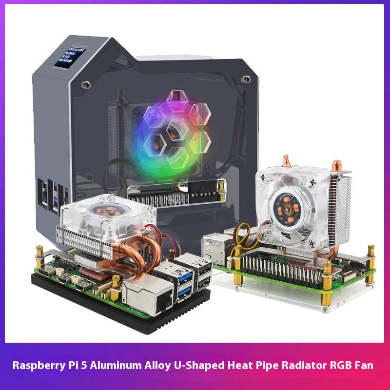 Raspberry Pi 5 Aluminum Alloy U-shaped Heat Pipe CPU Radiator Speed Adjustable Fan ICE Tower Cooler Real-time Monitoring