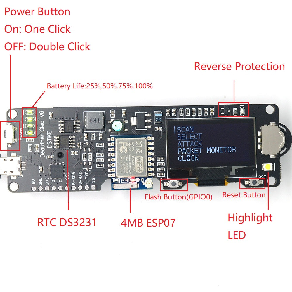 WiFi Deauther OLED V6 | ESP8266 Development Board |18650 Battery Polarity Protection | Case | Antenna | 4MB ESP-07 Custom PCB customize