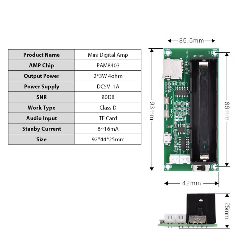 2*3W PAM8403 Mini Power Audio Stereo dual channels Amplifier USB DC 5V TF Card DIY Speaker Rechargeable 18650 Battery Amp Customize