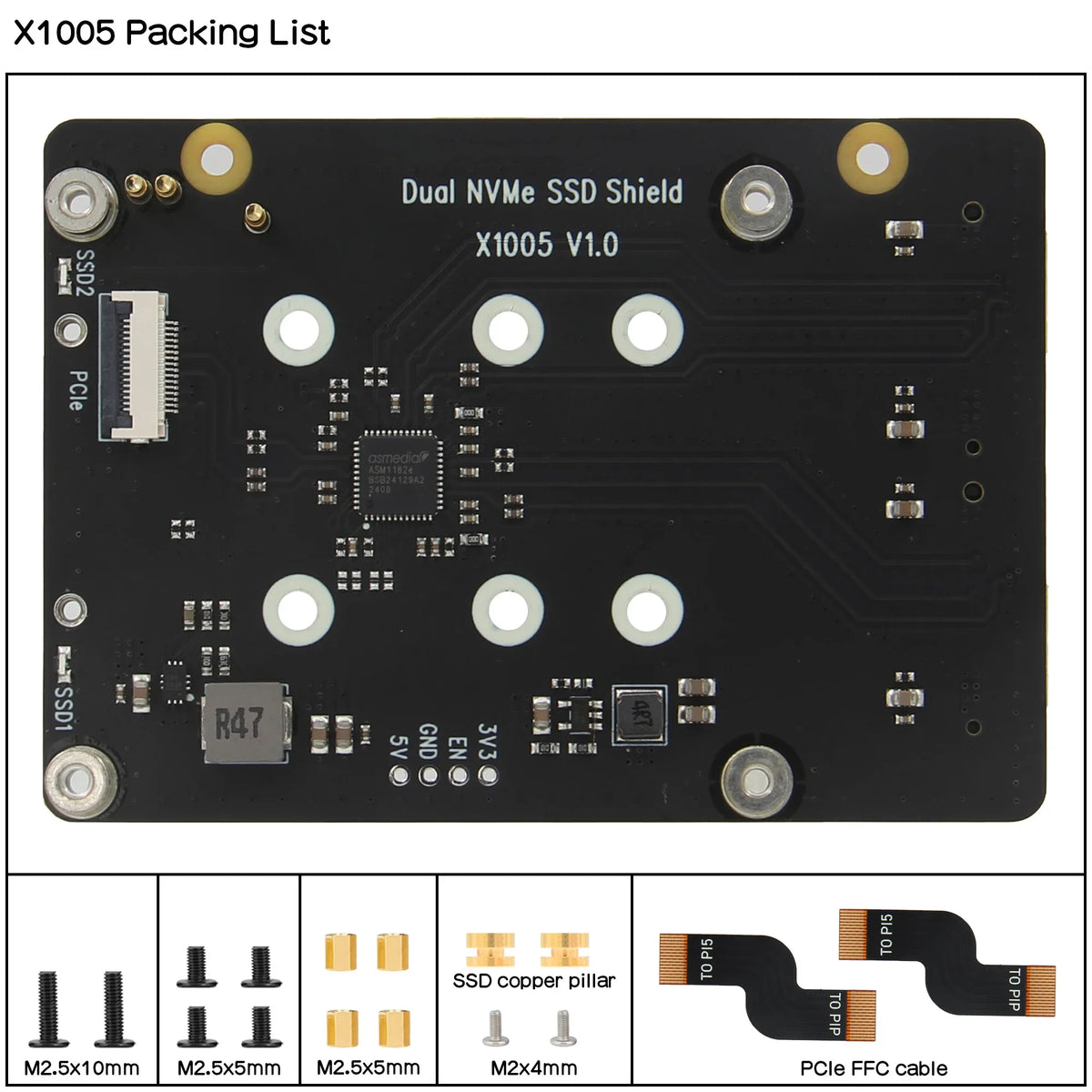 X1005 Dual 2230/2242/2260/2280 NVMe SSD shield for Raspberry Pi 5