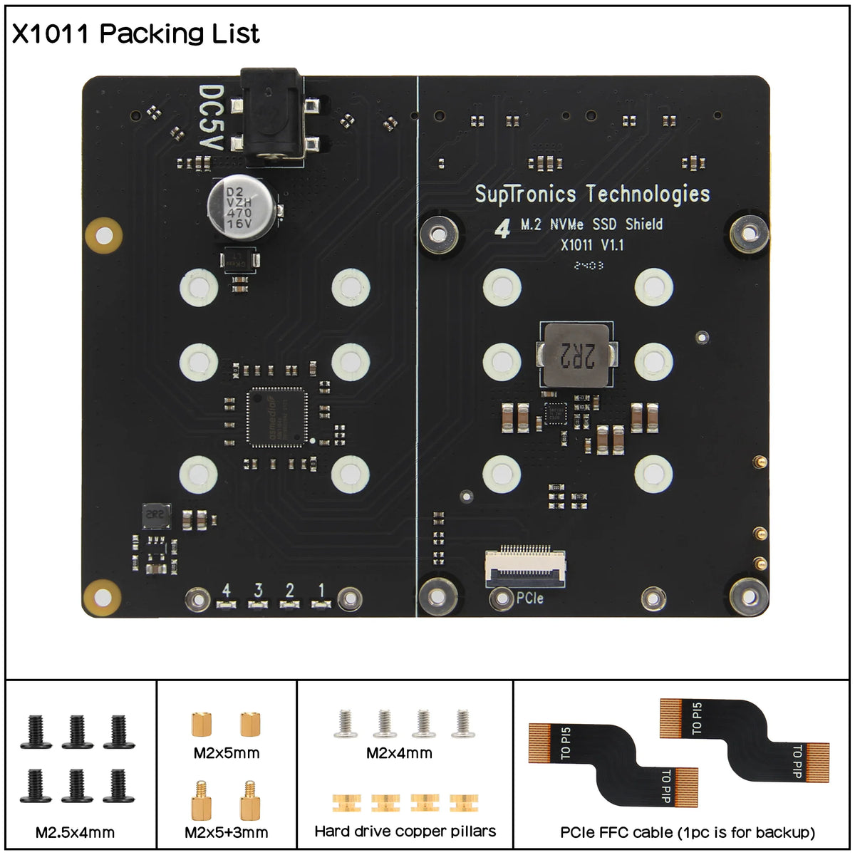 Custom  X1011 PCIe to NVMe Shield support four 2280/2260/2242/2230 M.2 NVMe SSDs for Raspberry Pi 5