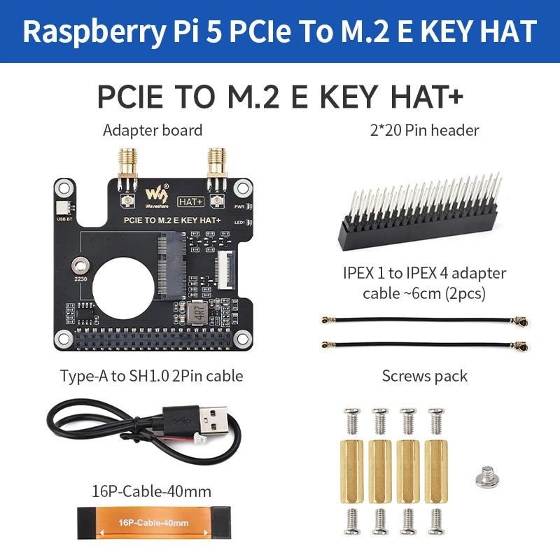 PCIe M.2 E KEY HAT+ Extension Board Compatible NGFF (M.2 E Key) Wireless NIC Support USB for Connection for Raspberry Pi 5