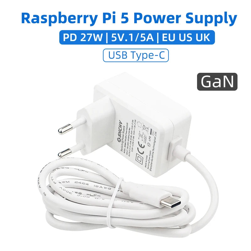 GaN PD 27W USB Type-C Power Supply for Raspberry Pi 5 Orange Pi 5 Pro with EU/US/UK Plugs