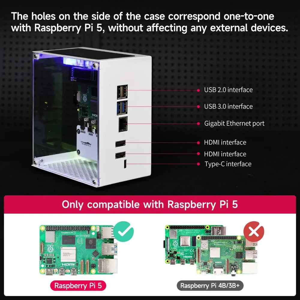 Custom Electronic Shell Supported Raspberry Pi 5 with RGB Cooling Fan 0.96 Screen Display and M.2 SSD RGB Color Light