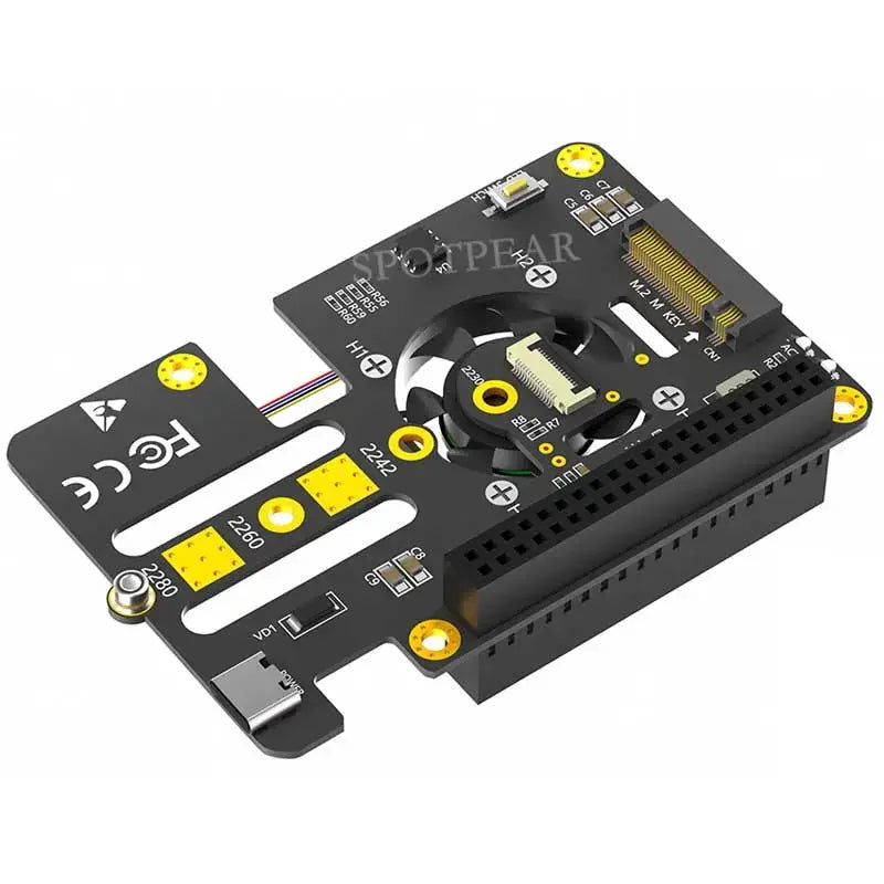 Raspberry Pi 5 PCIe to M.2 SSD Interface HAT NVMe 2280-2242 2230 3in1 Board with Fan Automatic Discoloration LED