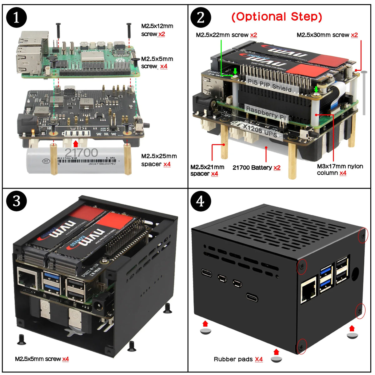 X1205-C1 Metal Case for Raspberry Pi 5 & X1205 21700 Battery UPS Board