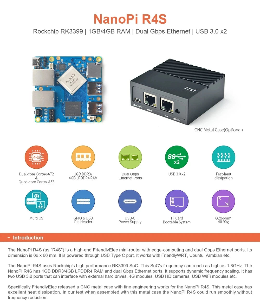 Custom FriendlyElec Nanopi R4S Mini Portable Travel Router OpenWRT with Dual-Gbps Ethernet Ports 4GB LPDDR4 Based in RK3399 Soc for IOT Manufacturer